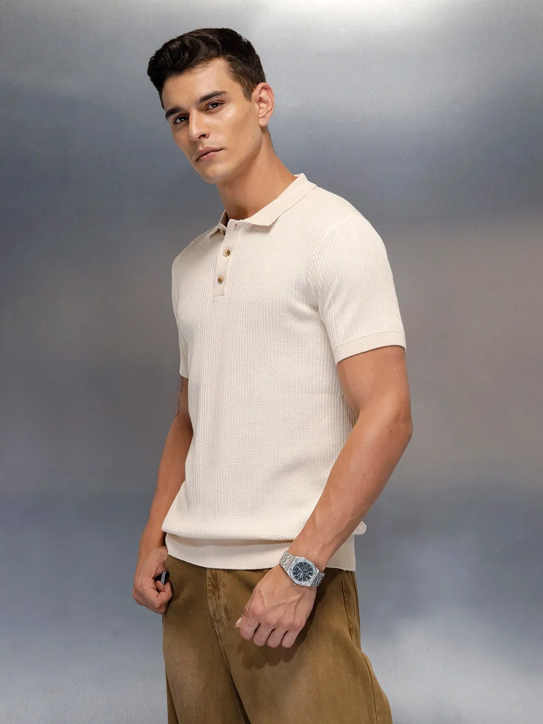 Textured Knit slim fit Polo T-shirt | Beige sold by Wrogn product image thumbnail 4