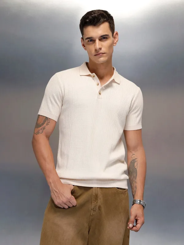 Textured Knit slim fit Polo T-shirt | Beige made by Wrogn
