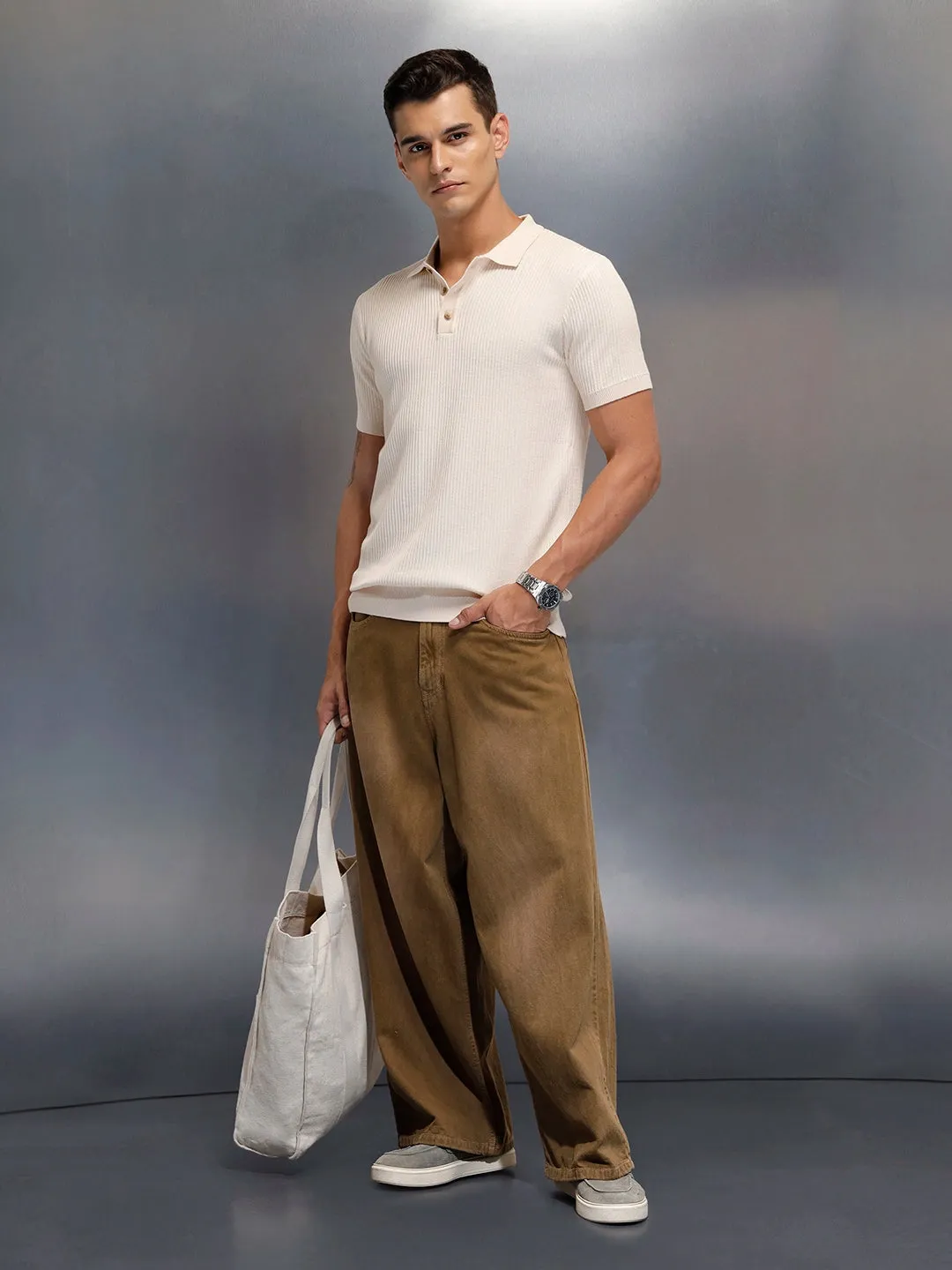 Textured Knit slim fit Polo T-shirt | Beige sold by Wrogn product image thumbnail 2