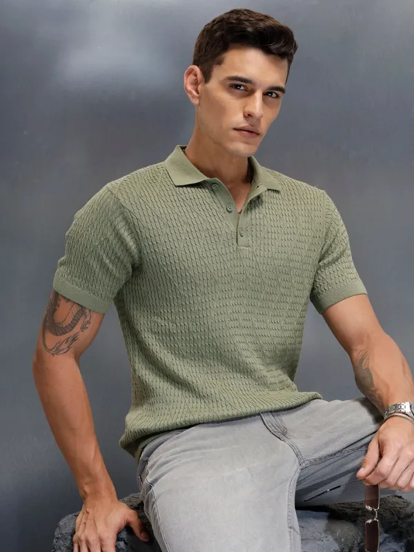 Textured Knit slim fit Polo T-shirt | Olive sold by Wrogn