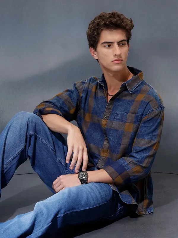 Men's casual regular fit checkered pattern shirt | Brown sold by Wrogn