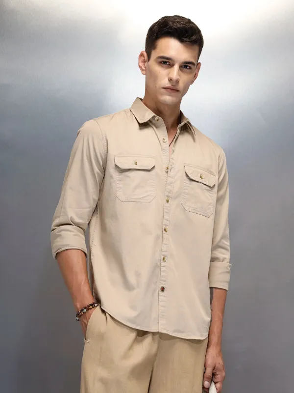Men's Casual Cargo Double Pocket Shirt | Beige sold by Wrogn