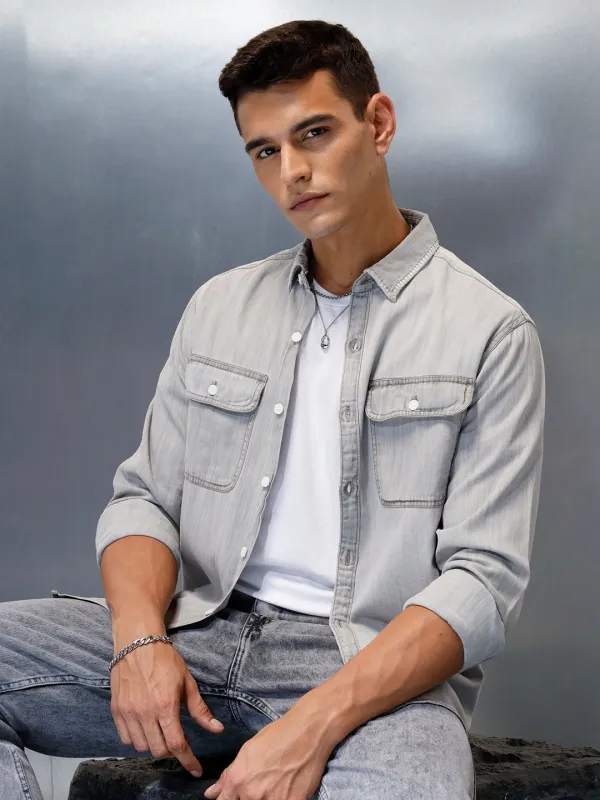 Men's Casual Washed Comfort Fit Denim Shirt | Grey sold by Wrogn