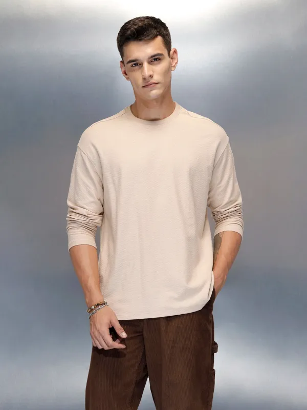 Textured Men's Casual Oversized Fit T-Shirt | Beige sold by Wrogn