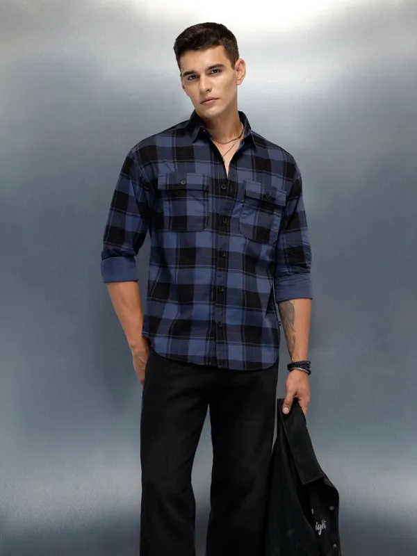 Men's Casual Oversized Fit Checkered Pattern Shirt | Blue sold by Wrogn