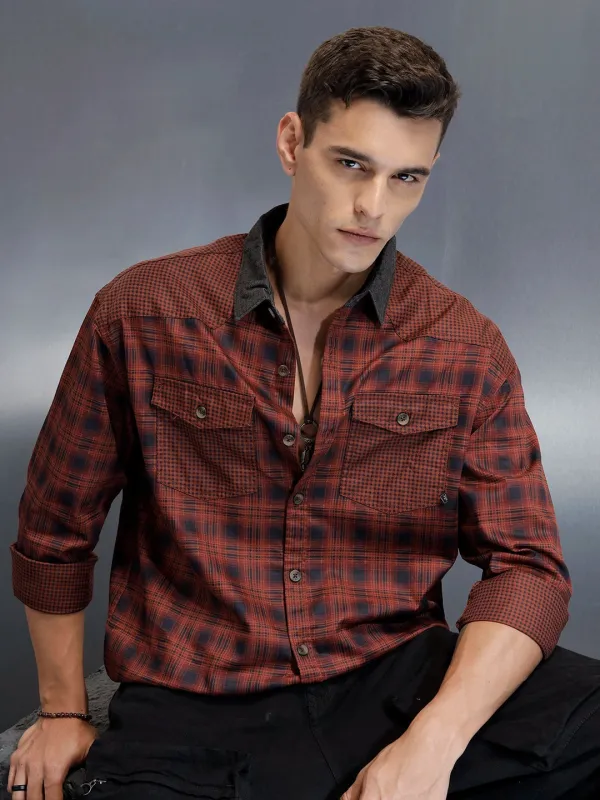 Men's Casual Oversized Fit Checkered Pattern Shirt | Brown sold by Wrogn