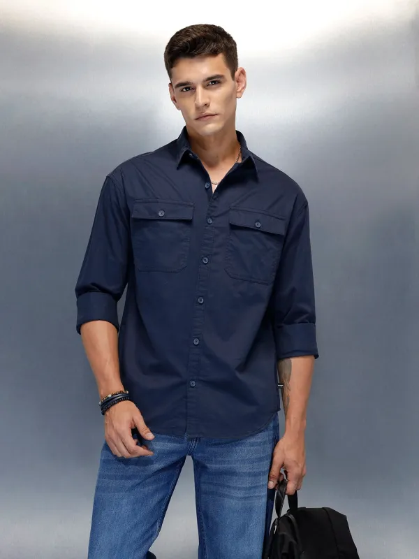 Men's Casual Oversized Fit Double Pocket Shirt | Navy Blue sold by Wrogn
