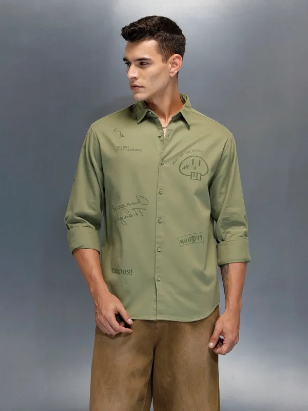 Men's Casual Regualr Fit Shirt With Placement Print | Green sold by Wrogn