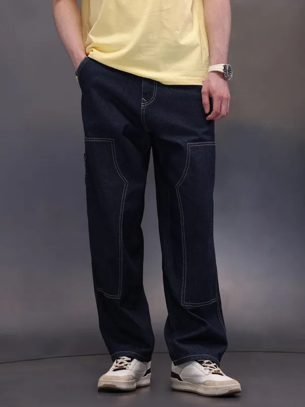Men's causal loose fit carpenter jeans | Dark Blue sold by Wrogn