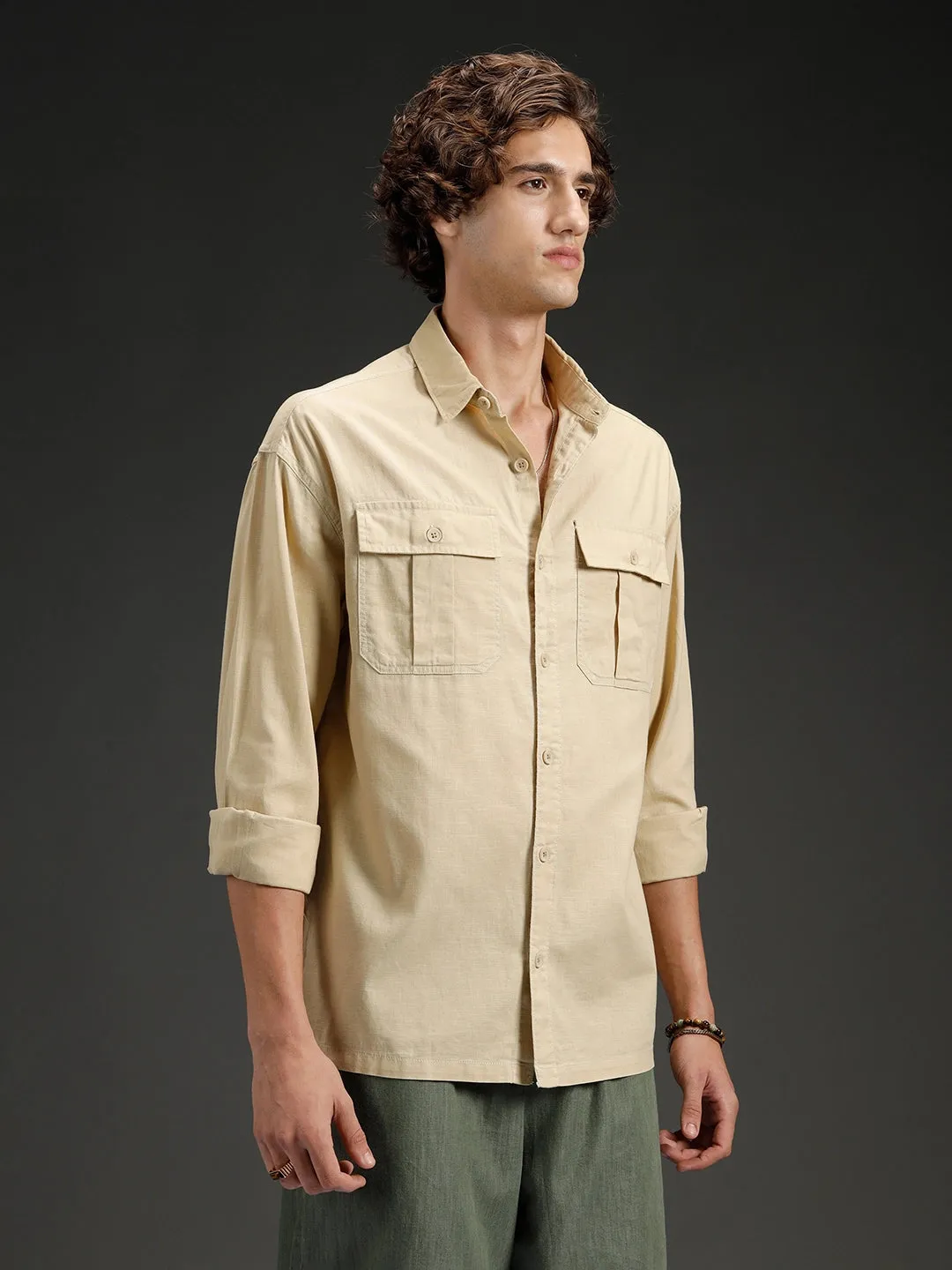 Men's casual oversized fit double pocket shirt | Khaki sold by Wrogn product image thumbnail 4