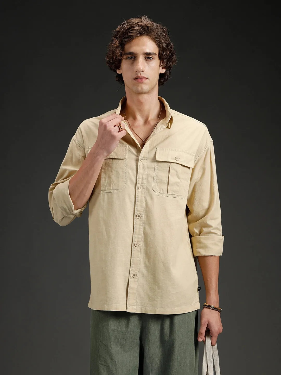 Men's casual oversized fit double pocket shirt | Khaki sold by Wrogn