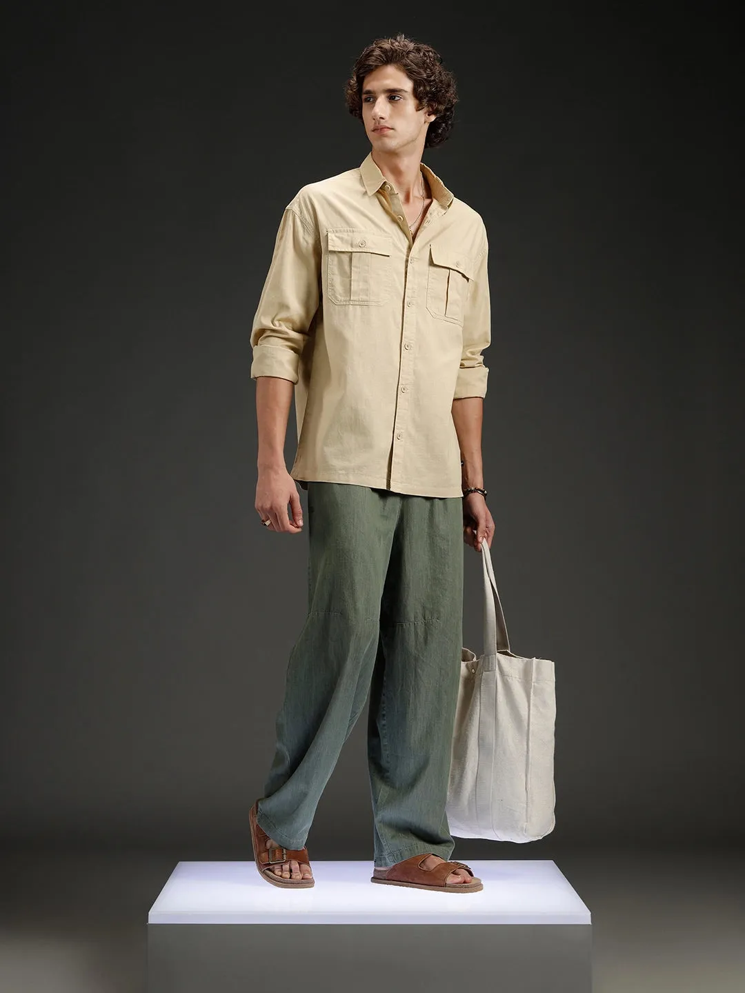 Men's casual oversized fit double pocket shirt | Khaki sold by Wrogn product image thumbnail 2