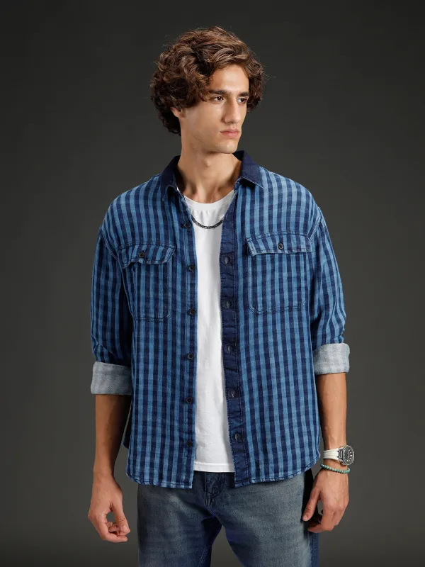 Men's casual oversized fit checkered pattern shirt | Navy Blue sold by Wrogn