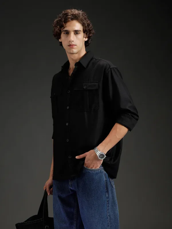 Men's casual oversized fit double pocket shirt | Black sold by Wrogn