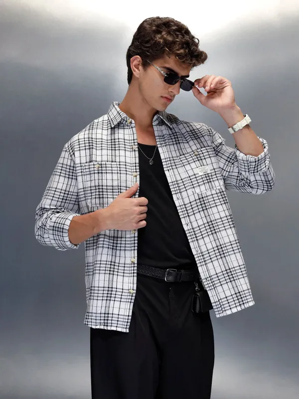 Wrogn Men's Checkered Double Pocket Casual Shirt | White sold by Wrogn