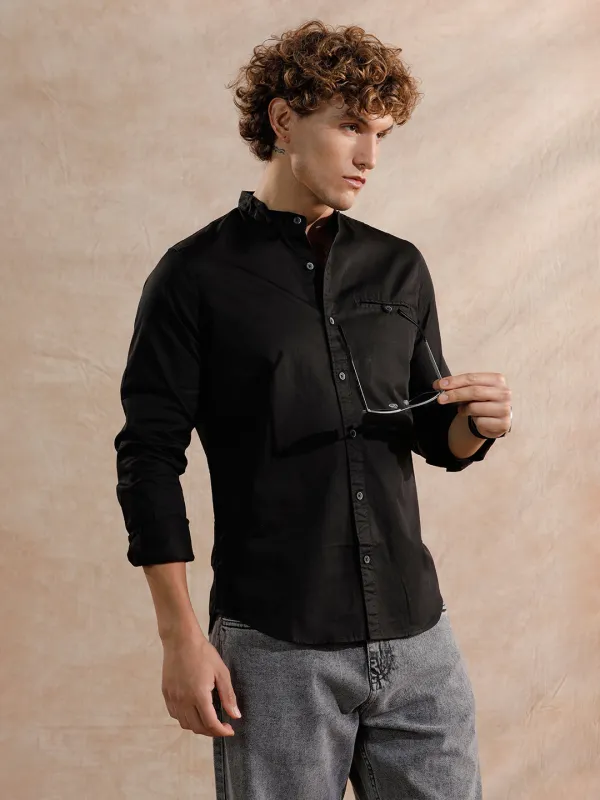 Mandarin Collar Regular Fit Shirt | Black sold by Wrogn