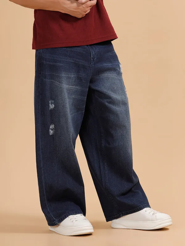 Casual Heavy Fade Baggy Fit Jeans | Dark Blue sold by Wrogn