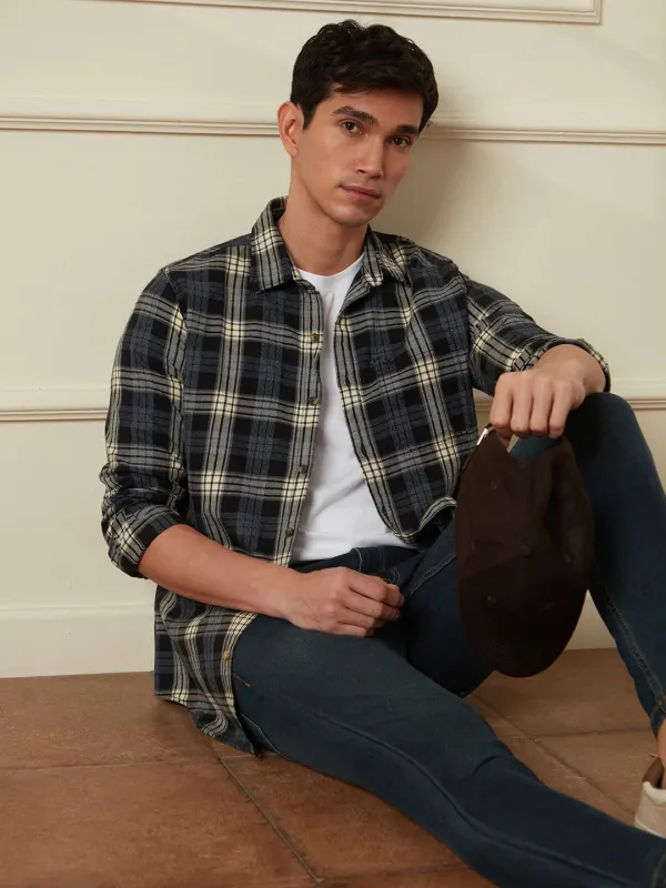 Textured Checks Slim Fit Shirt | Black sold by Wrogn