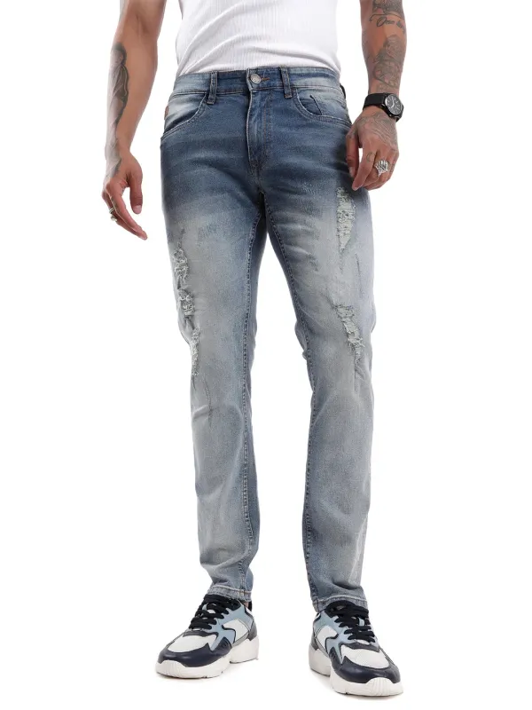 Heavy Distressed Medstone Denim Jeans sold by Wrogn