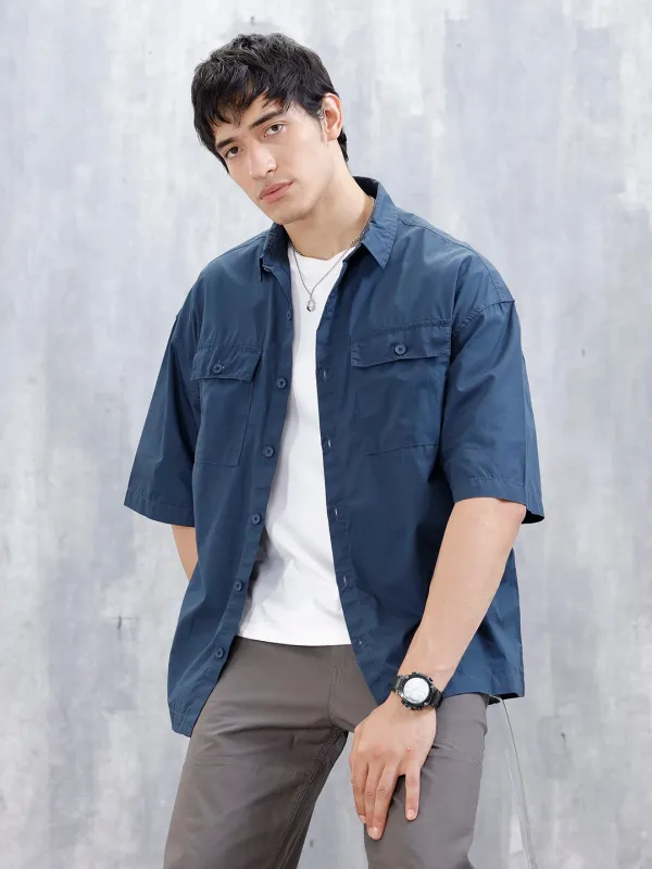 Wrogn Men's Oversized Plus Double Pocket Shirt | Blue sold by Wrogn