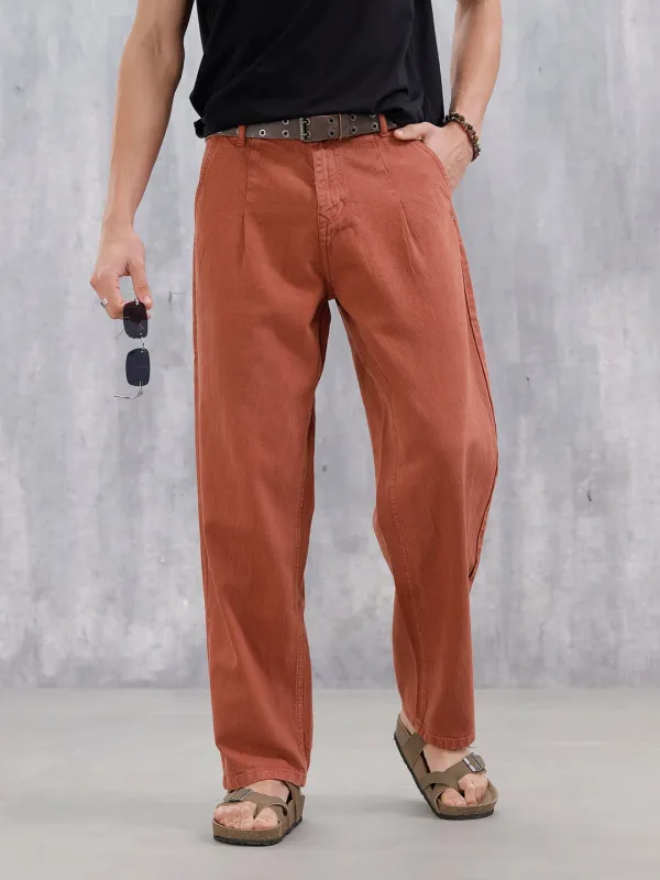 Men's Causal Loose Pleated Jeans | Rust sold by Wrogn