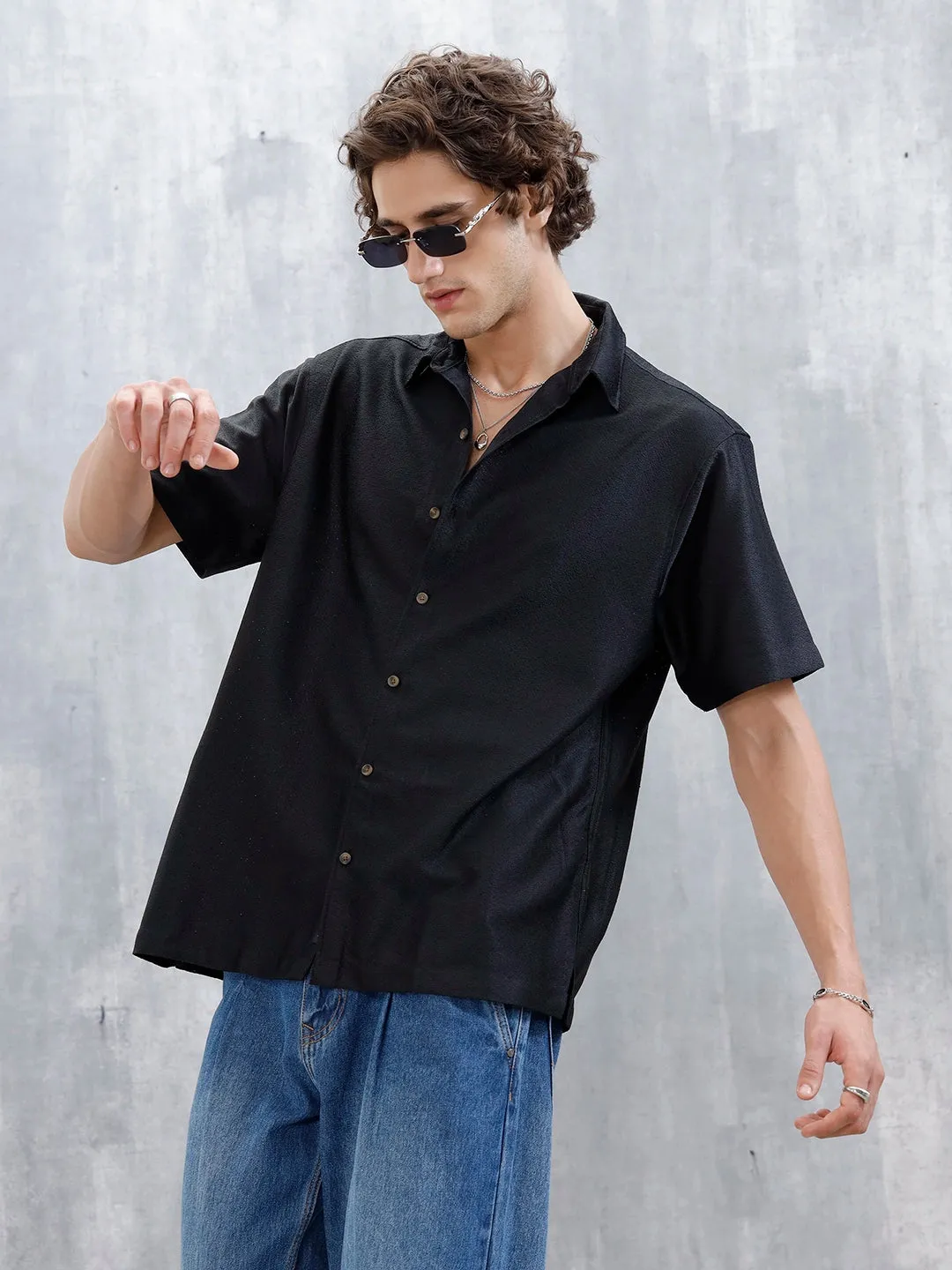 Men's Textured Casual Shirt | Black sold by Wrogn