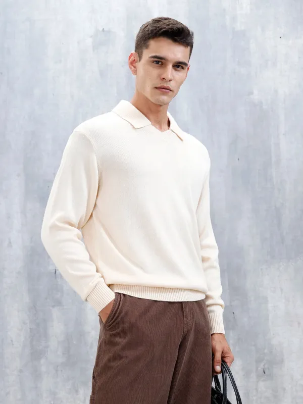 Classic Knit Men’s Sweater With Polo Collar | White sold by Wrogn
