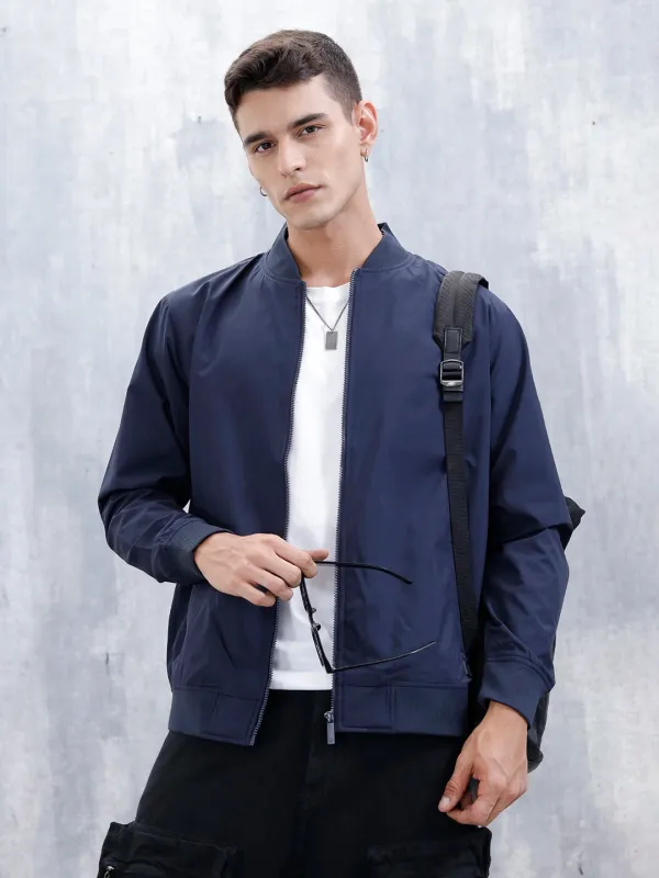 Men's Solid Casual Regular Fit Bomber Jacket | Navy Blue sold by Wrogn