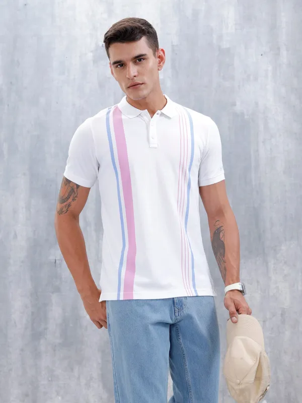 Men's Casual Regualr Fit Striped Pattern Polo T-Shirt | White sold by Wrogn