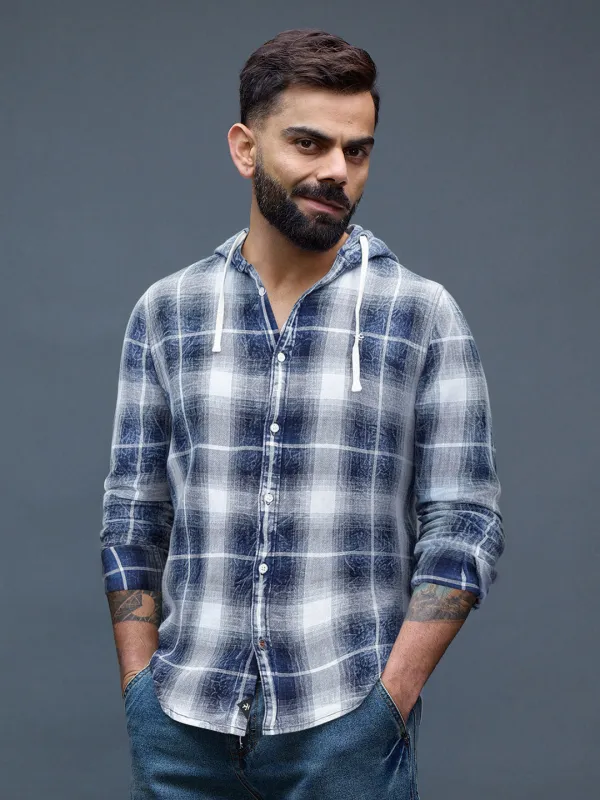 Casual Slim Fit Shadow Checkered Pattern Shirt  | Navy Blue sold by Wrogn