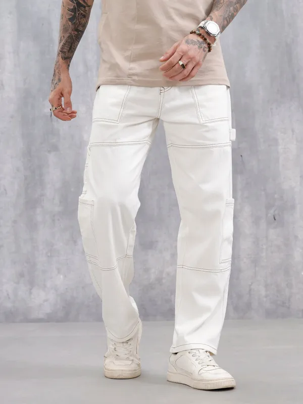 Men's Casual Loose Fit Carpenter Jeans | White sold by Wrogn