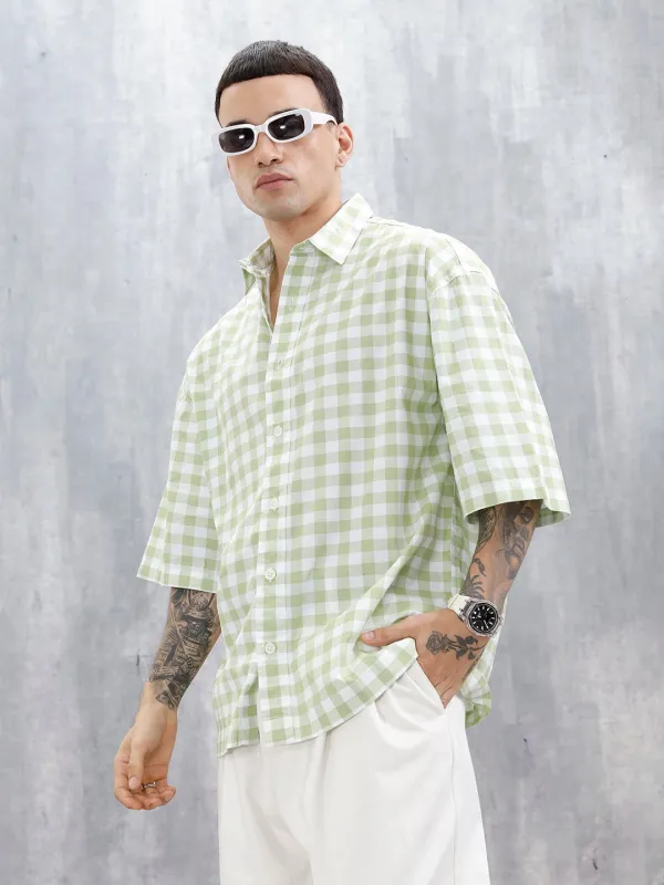Wrogn Men's Oversized Plus Tonal Checked Shirt | Green sold by Wrogn