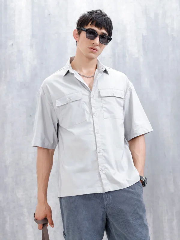 Wrogn Men's Oversized Plus Double Pocket Shirt | Grey sold by Wrogn