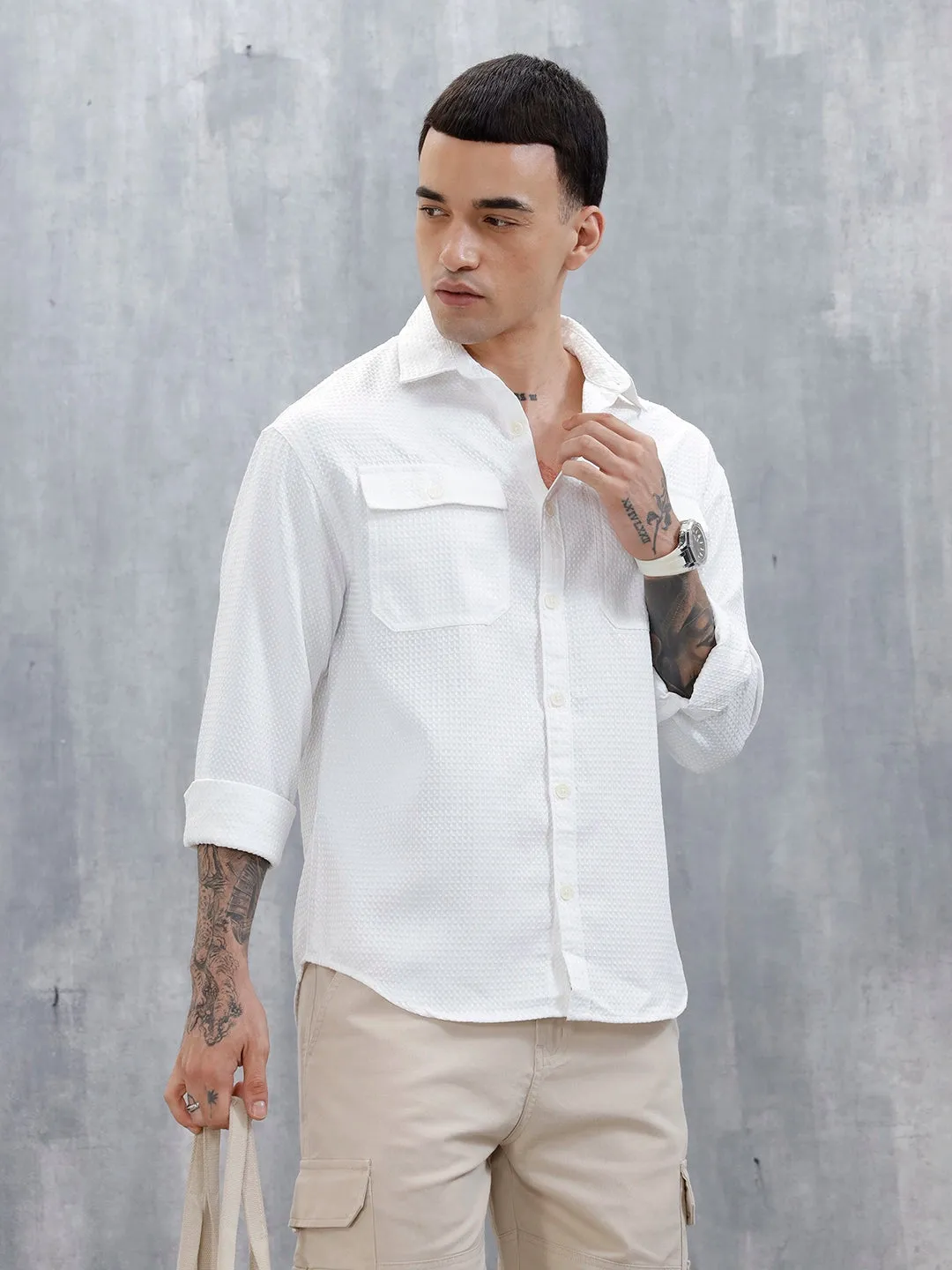 Wrogn Oversized Double Pocket Textured Shirt For Men's | Off White sold by Wrogn
