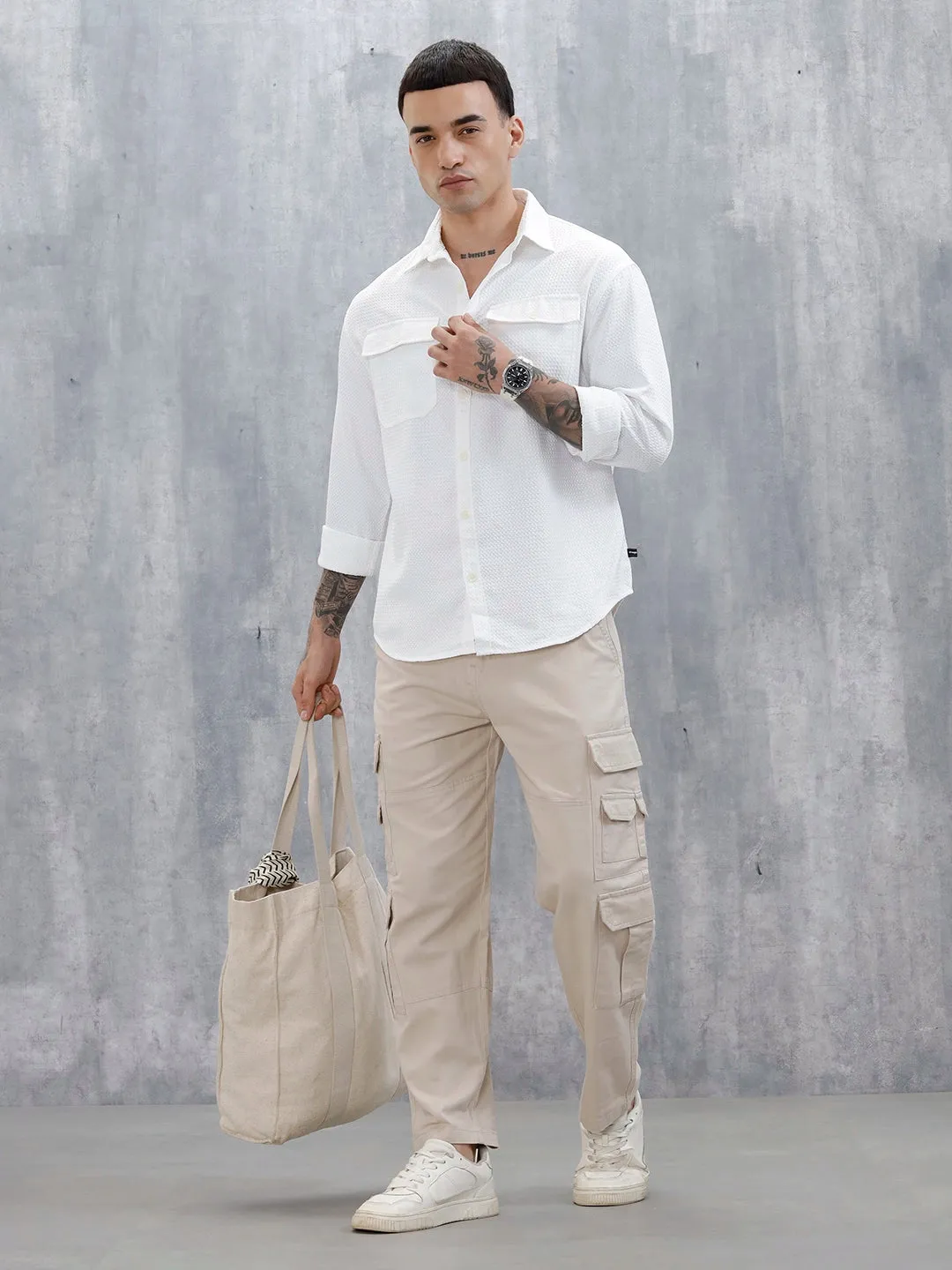 Wrogn Oversized Double Pocket Textured Shirt For Men's | Off White sold by Wrogn product image thumbnail 2