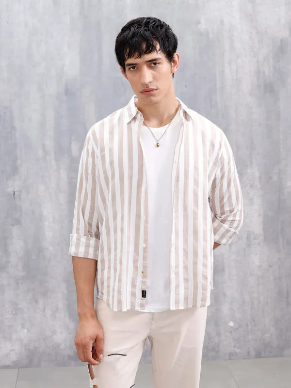 Comfort Fit Striped Casual Shirt For Men | Beige sold by Wrogn