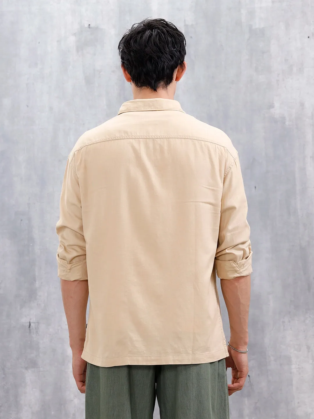 Oversized Fit Solid Shirt With Double Flap Pockets | Beige sold by Wrogn product image thumbnail 3