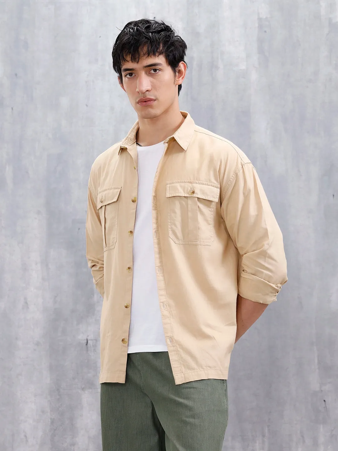 Oversized Fit Solid Shirt With Double Flap Pockets | Beige sold by Wrogn product image thumbnail 4