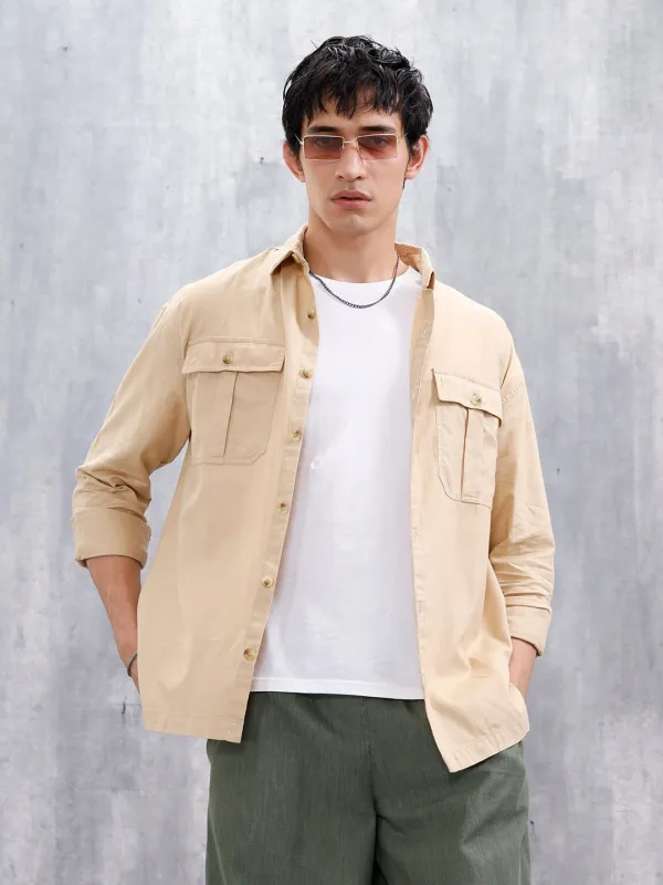 Oversized Fit Solid Shirt With Double Flap Pockets | Beige sold by Wrogn