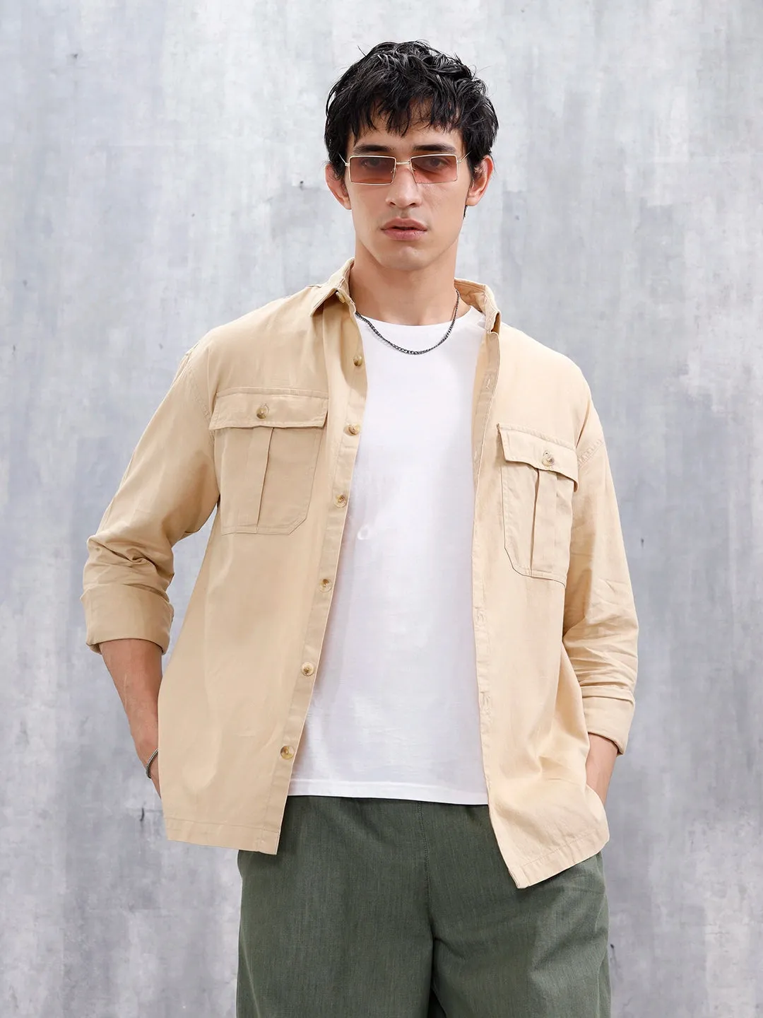Oversized Fit Solid Shirt With Double Flap Pockets | Beige sold by Wrogn