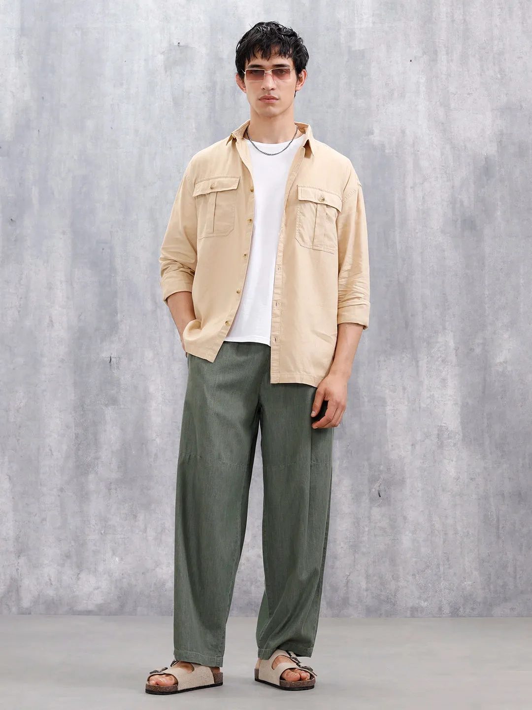 Oversized Fit Solid Shirt With Double Flap Pockets | Beige sold by Wrogn product image thumbnail 2