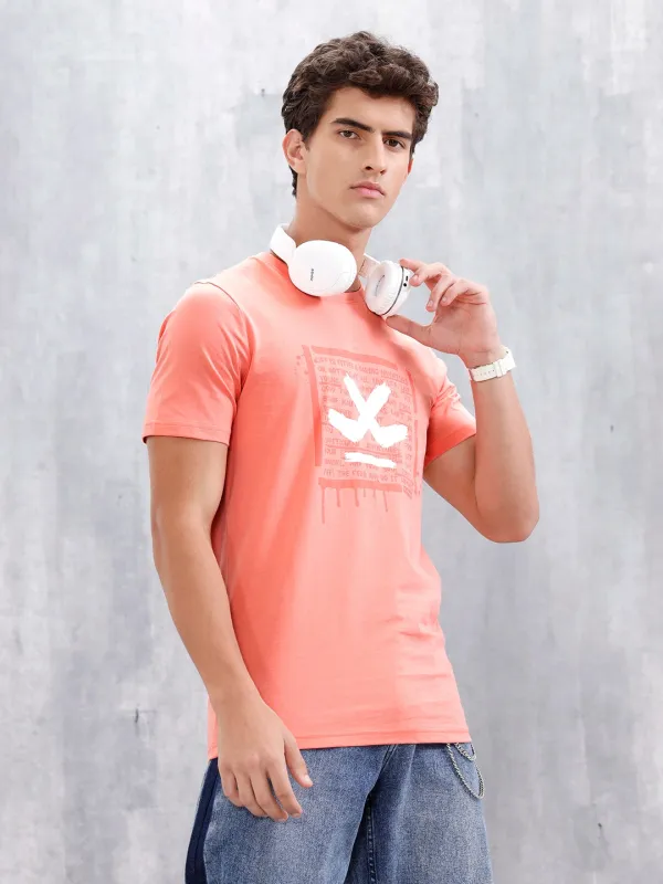 Casual Men Regular Fit Tee With Graphic | Peach sold by Wrogn