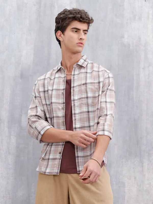 Comfort Fit Checkered Casual Shirt For Men | Peach sold by Wrogn
