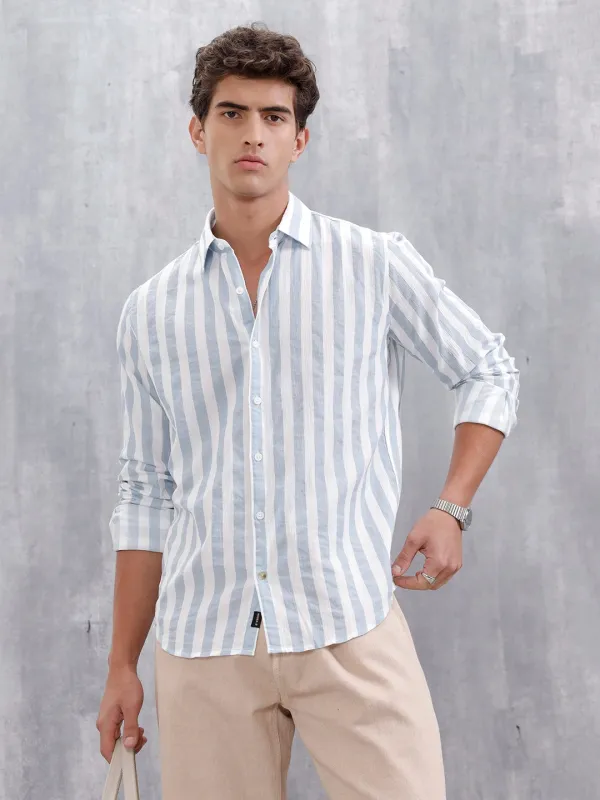 Comfort Fit Striped Casual Shirt For Men | Blue sold by Wrogn