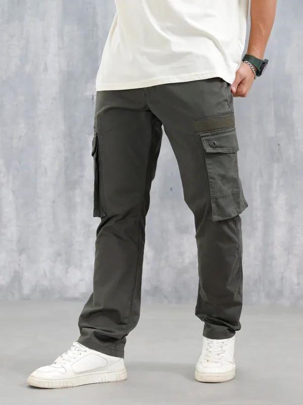 Straight Fit Cotton Twill Utility Trousers With Snap Pockets | Light Olive sold by Wrogn