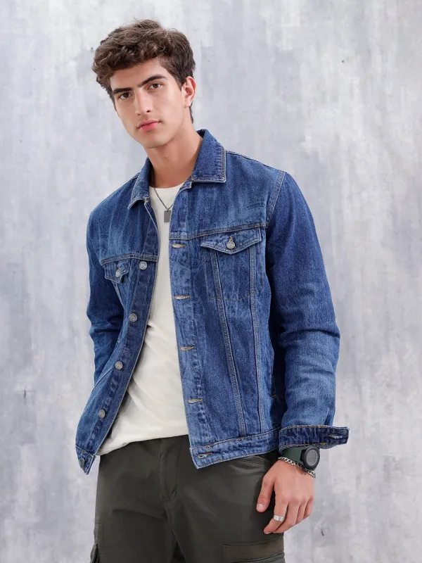 Slim Fit Laser Printed Denim Trucker | Dark Wash sold by Wrogn