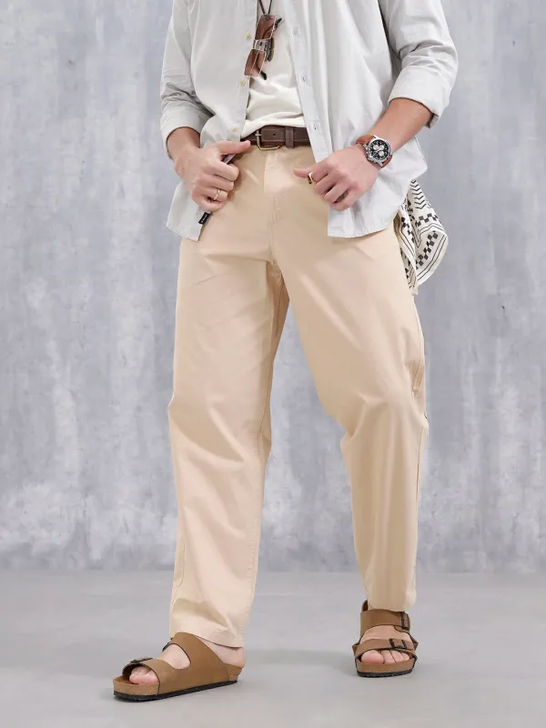 Men's Casual Loose Fit Tapered Trouser | Beige sold by Wrogn