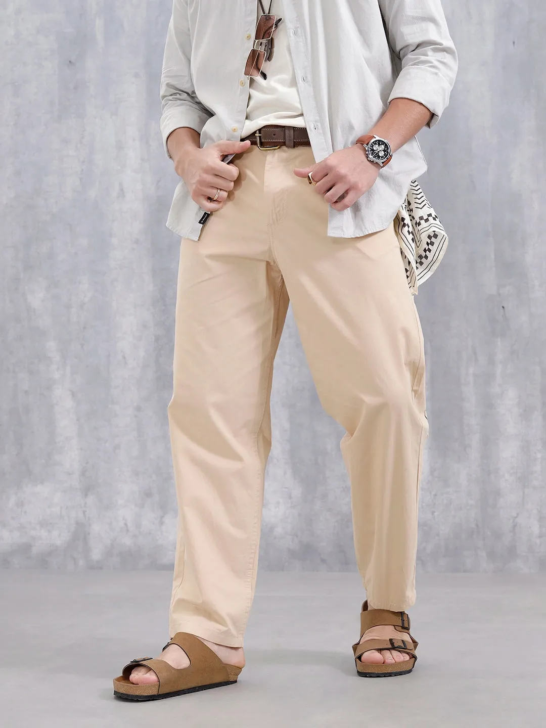 Men's Casual Loose Fit Tapered Trouser | Beige sold by Wrogn
