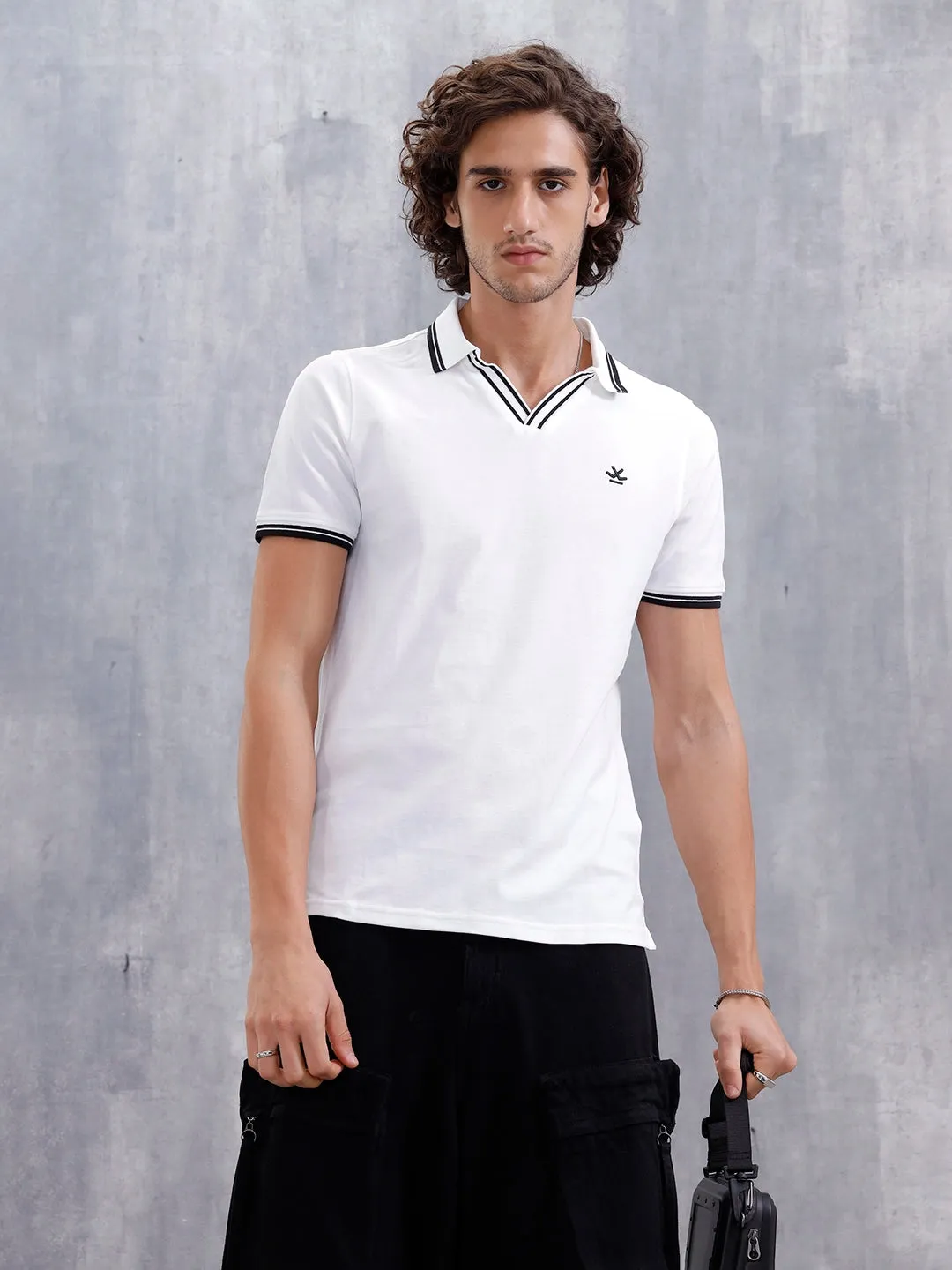 Slim Fit 100% Cotton Johnny Collar Polo With Contrast Tipping | White sold by Wrogn product image thumbnail 4
