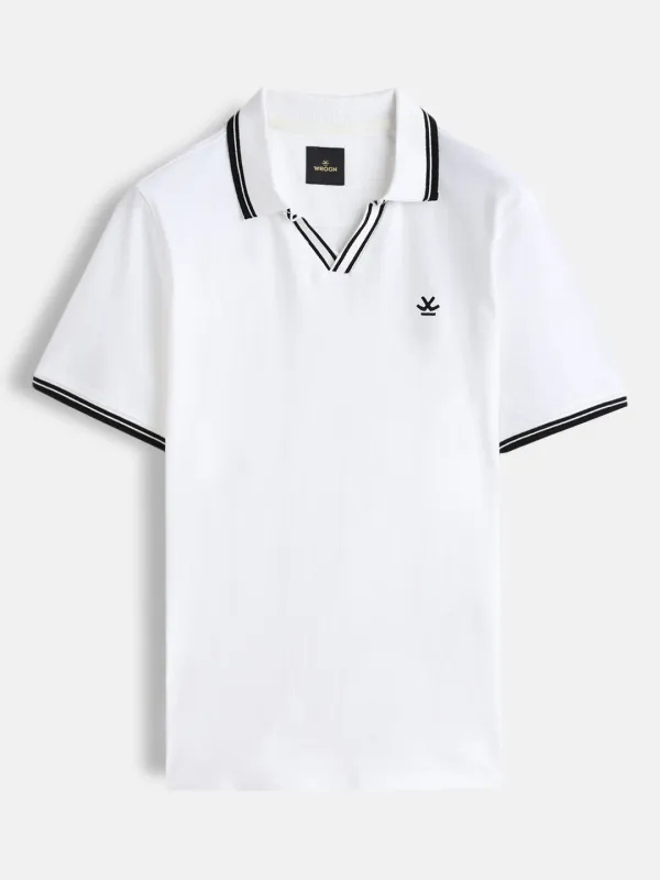 Slim Fit 100% Cotton Johnny Collar Polo With Contrast Tipping | White sold by Wrogn
